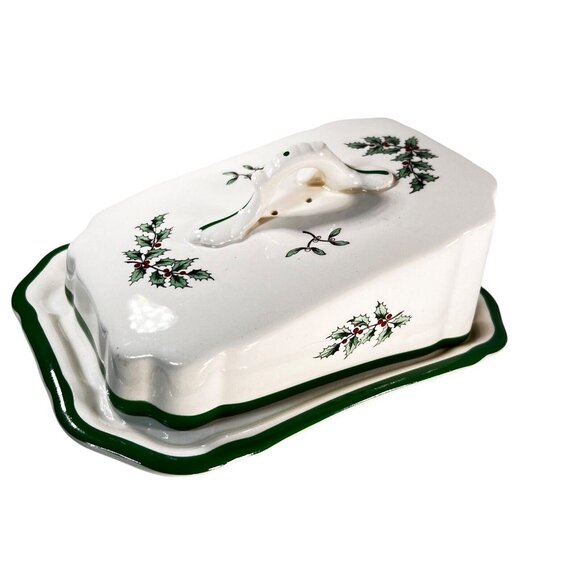 Vtg Spode Christmas Tree Covered Scalloped Dish Plate Cheese Wedge Lid Green - Picture 1 of 9